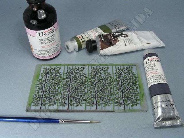 fl11.jpg - wash technika list&iacute; směs&iacute; olejov&yacute;ch barev umbra př&iacute;rodn&iacute;, země zelen&aacute; česk&aacute;, Payneova &scaron;ed&aacute;
